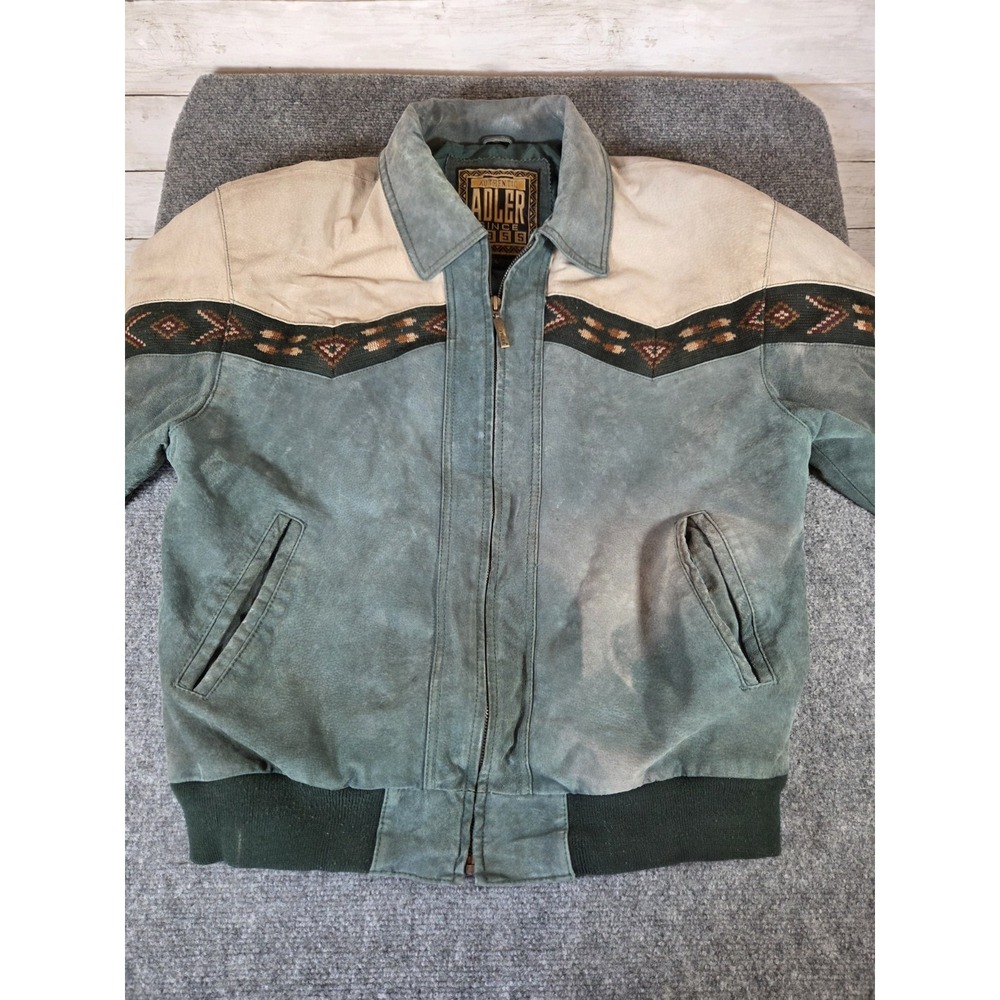 Vintage Adler Leather Bomber Jacket Mens L Southwestern Aztec Teal Distressed